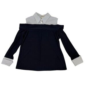 Anatomie Off Shoulder Blouse Shirt Navy White Stripe Travel Knit Long Slv Size L